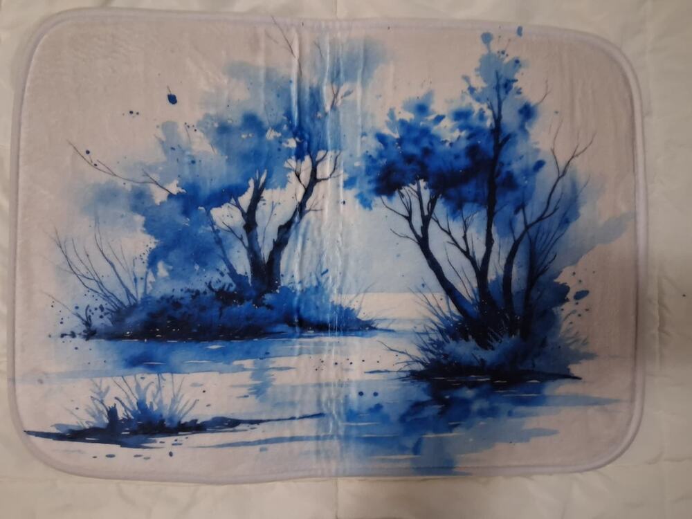 Blue Watercolor Trees Bath Mat Approx 24in W x 17in L